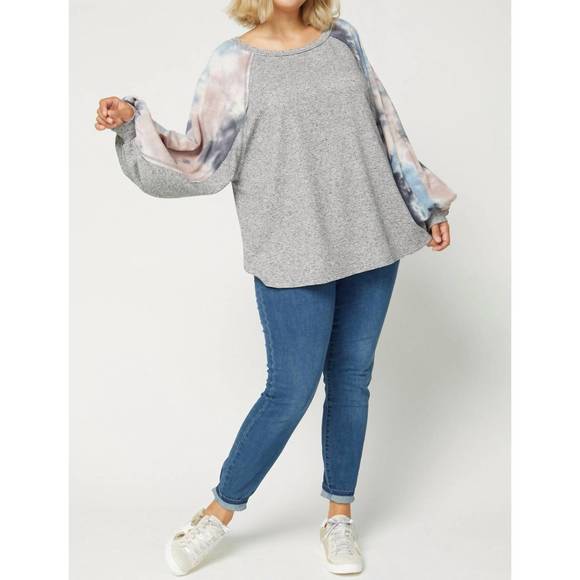 NEW ENTRO tie dye puffy sleeve top plus in charcoal - Picture 1 of 3